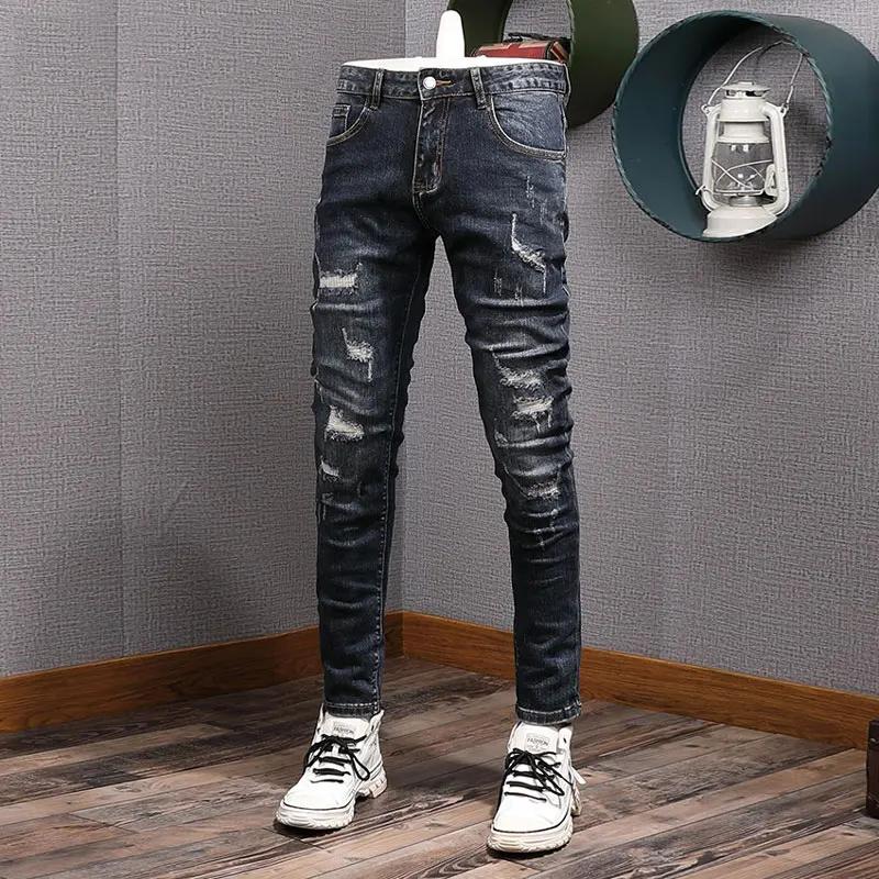 High Street Fashion Men Jeans Retro Dark Blue Stretch Skinny Fit Ripped Jeans Men Vintage Designer Denim Pencil Pants Hombre