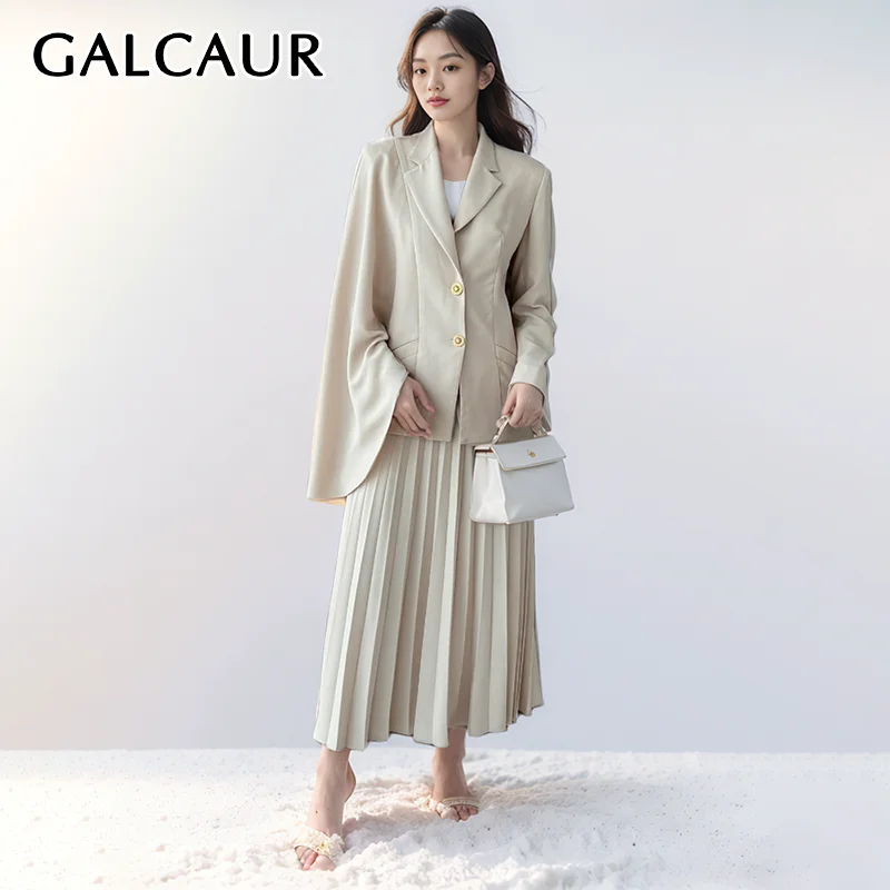 

GALCAUR Elegant Two Piece Sets For Women Lapel Long Sleeve Spliced Botton Coats High Waist Pleated Skirt Solid Set Female Spring