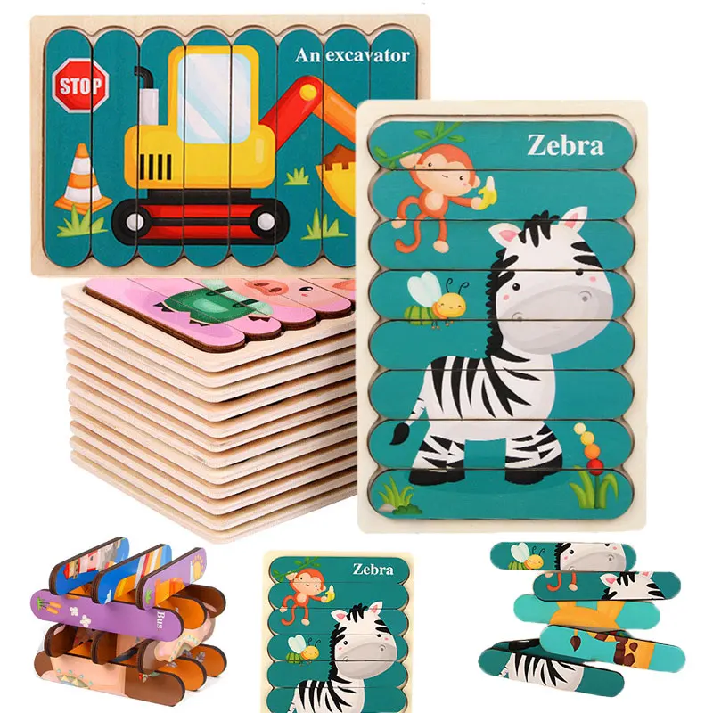 Double Sided Strip 3D Puzzles Baby Toy Wooden Montessori Materials Educational Toys For Children Large Bricks Kids Learning Toys