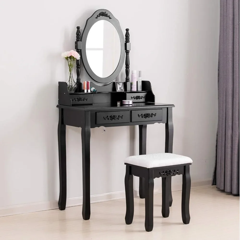 Vanity Table,Makeup Dressing Table with Oval Mirror,Bedroom Vanity Set w/Cushioned Stool 4 Drawers Women Girls Kids Black