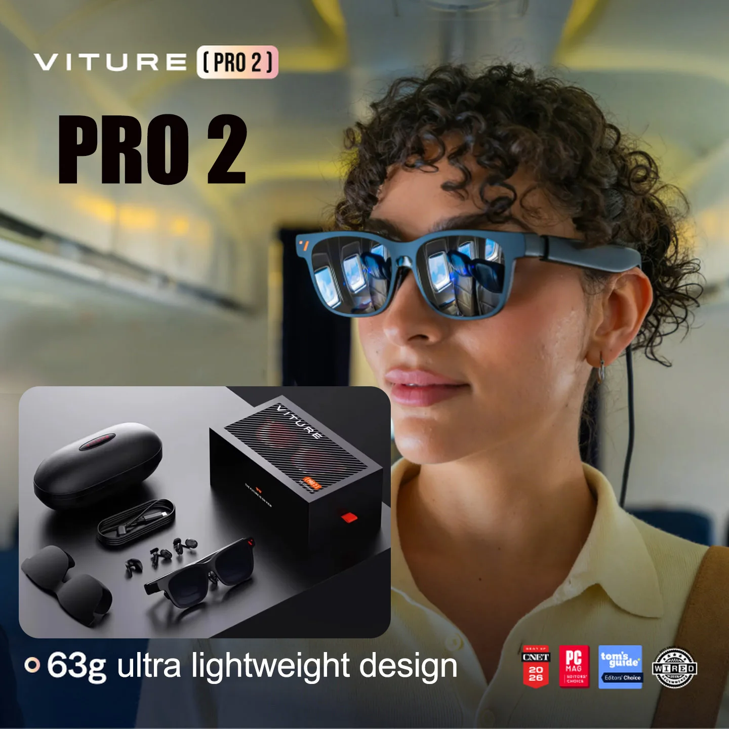 VITURE Pro 2 XR/AR Smart Glasses 0-500 Degree Myopia Adjustment 63g UltraLight Eye-Soothing Optical Screen for Gaming Watching