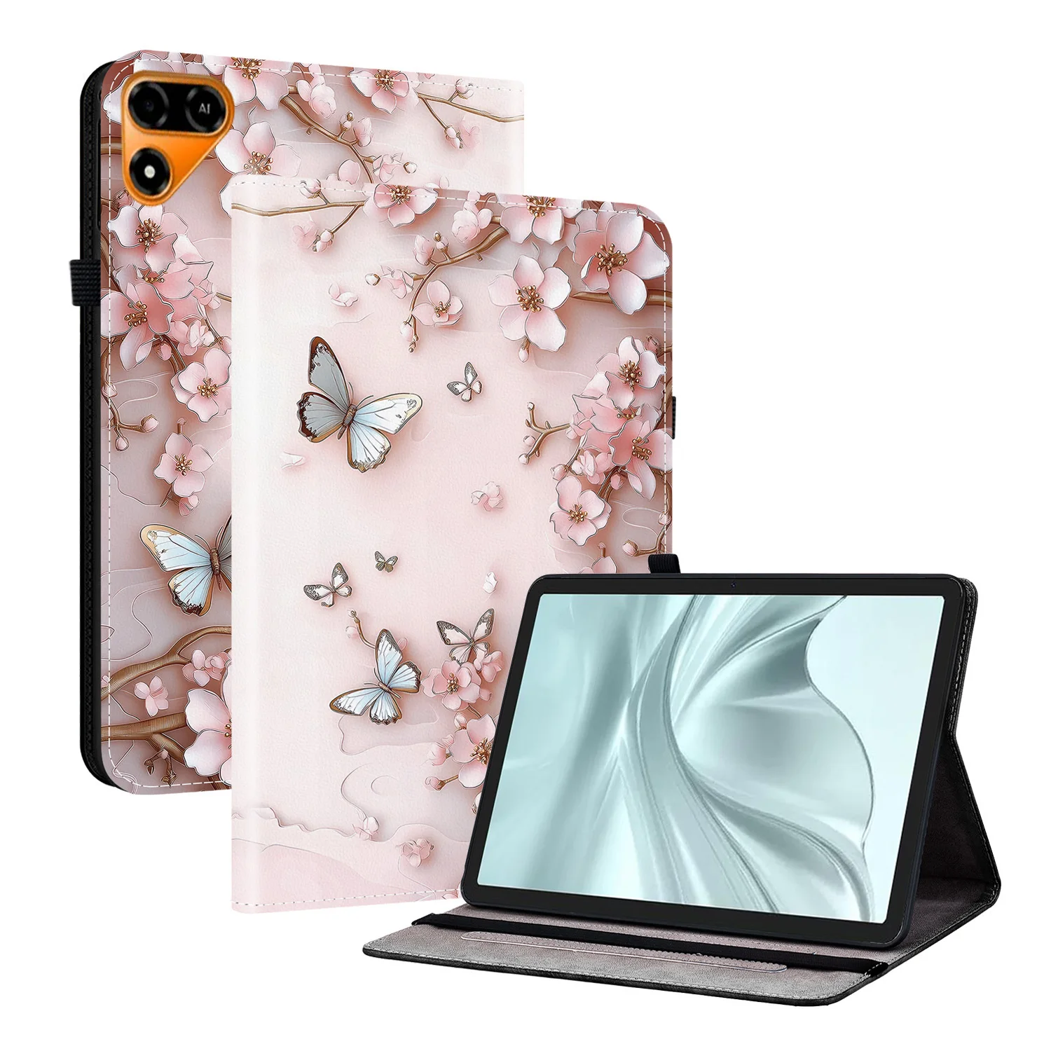 For TECNO Megapad 2 Leather Case Pattern Printed Stand Tablet Cover with Card Slots - Pink Butterfly