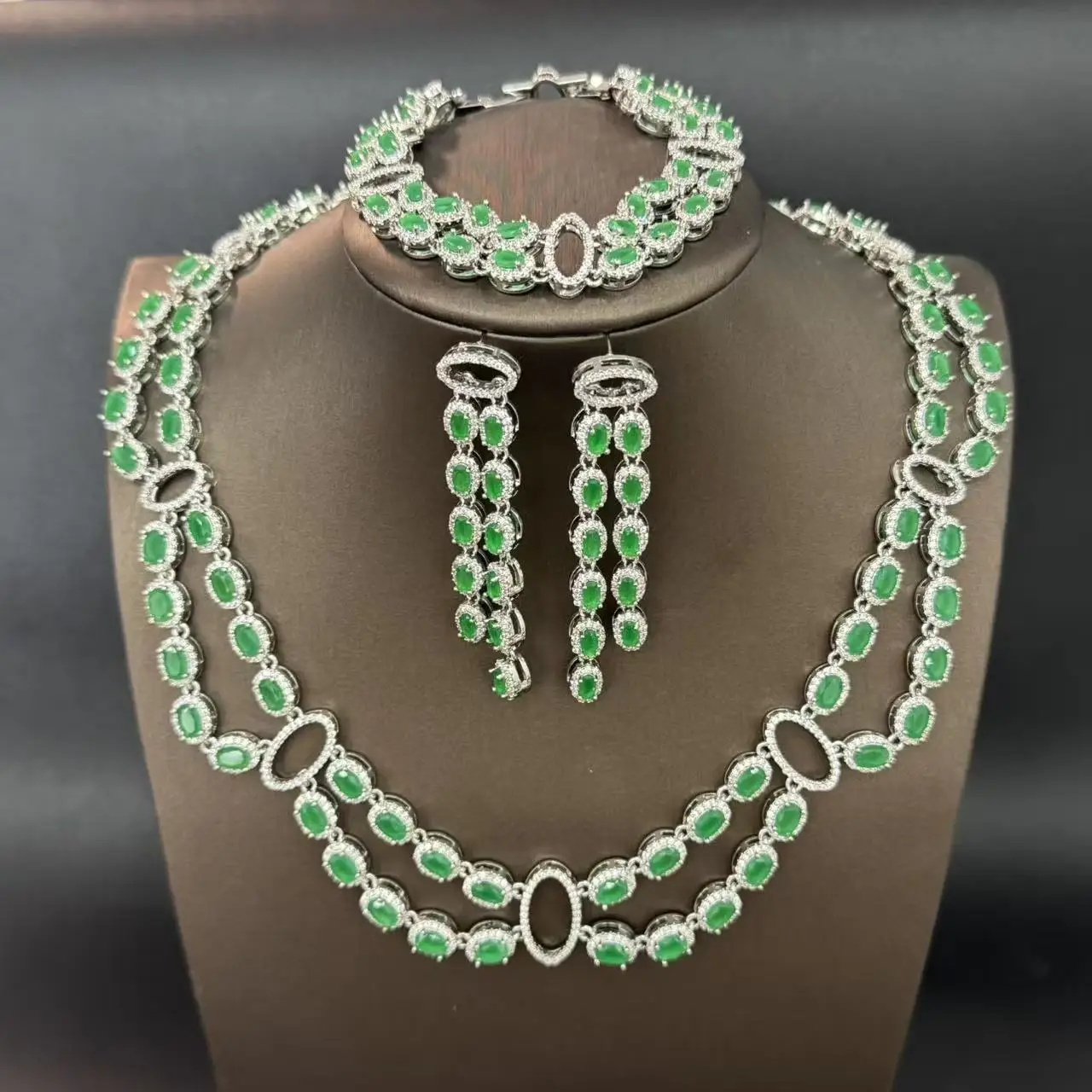 Green CZ 4‑Pcs Bridal Jewelry Set Silver‑Tone Double Layer Necklace Earrings Bracelet Luxury Wedding Banquet Women Jewellery