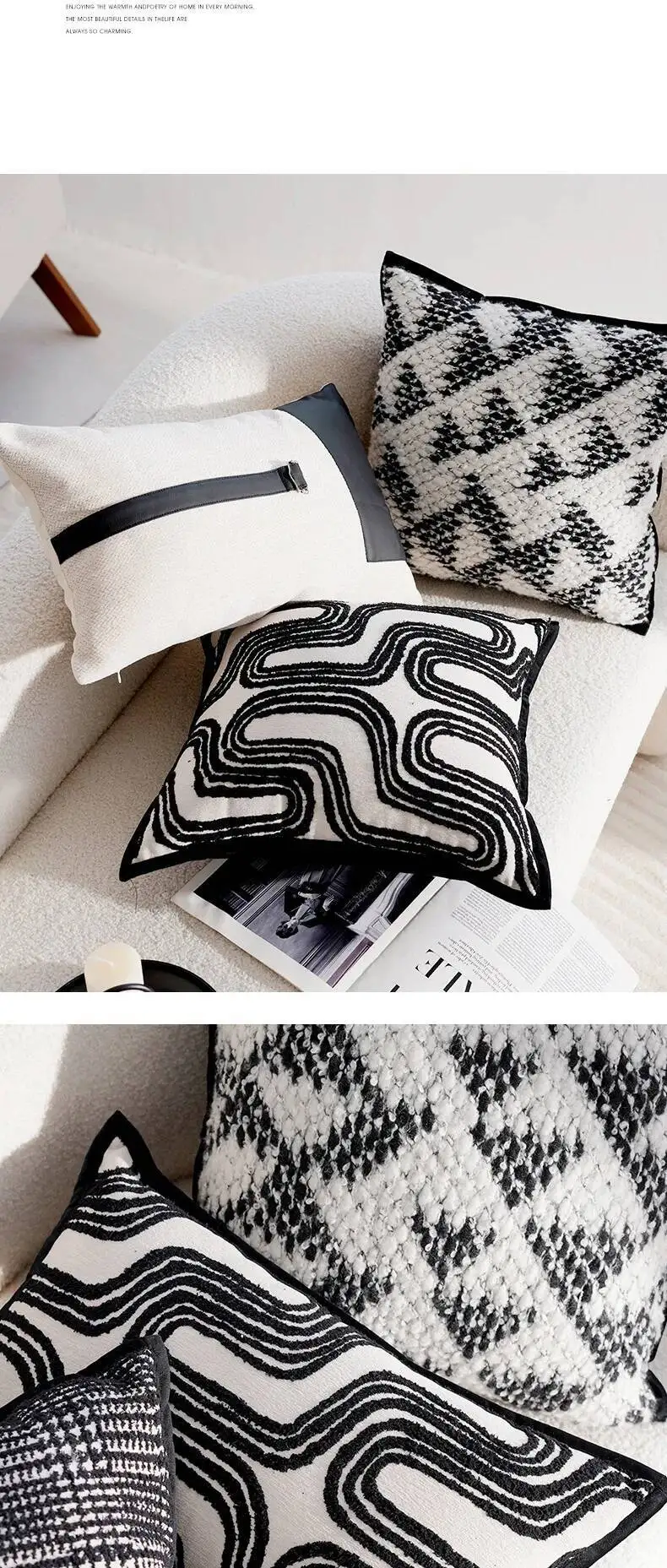 Elegante schwarz-weiße moderne Kissenhülle aus Chenille, weiches abstraktes Muster, Fell-Dekokissenbezüge für Sofa- und Bettdekoration – Detail 12