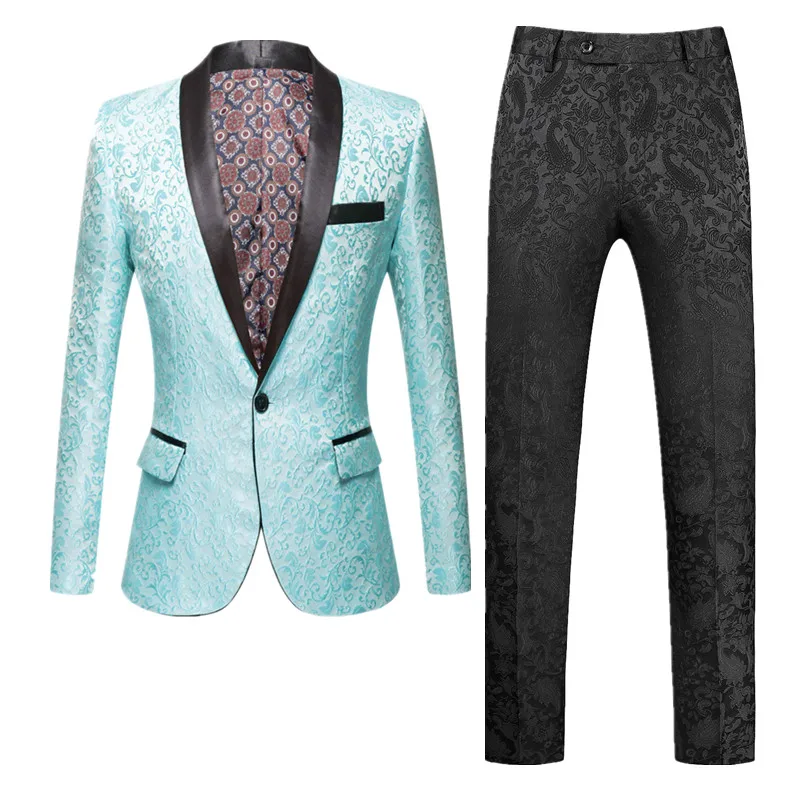 (Jacket+Pants) Men Luxury Jacquard Suit 2 Piece Pink Black Fashion Male Business Social Wedding Party Tuxedo Blazers Trousers