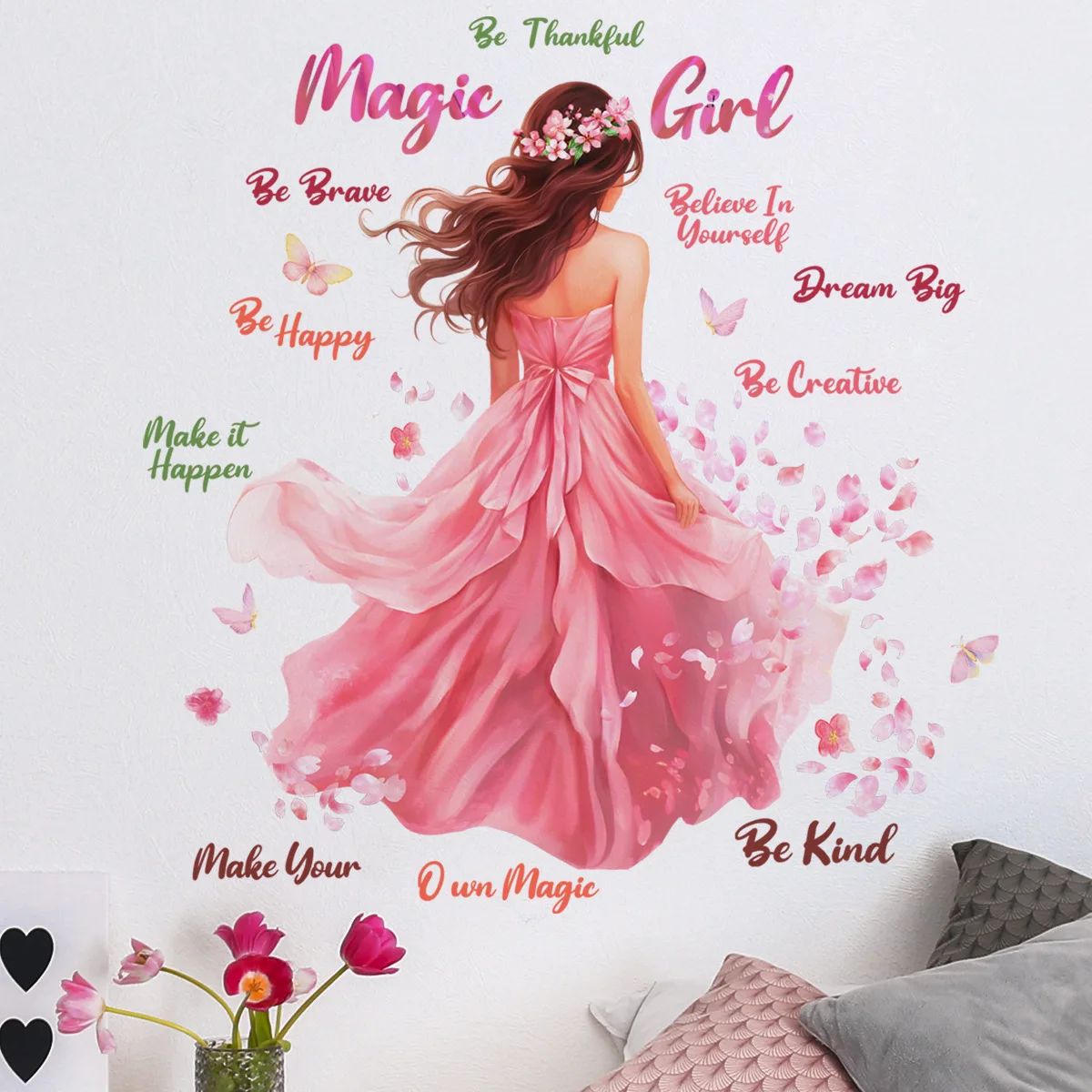 Pink Magic Girl Butterfly Background Wall Sticker, Removable, Self-adhesive, PVC, Home Decor, Living Room, Bedroom