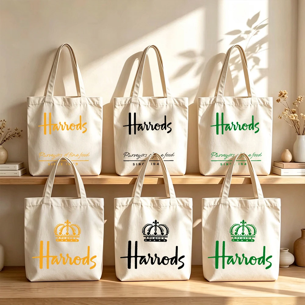 Harrods Logo Style Canvas Tote Bag Personalized Custom Logo Classic Aesthetic Grocery Shopping Bag for Women Girls Reusable Gift