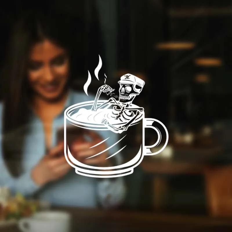 

Skeleton soaking in a coffee cup Coffee Shop Sign Premium Quality Logo Cafe Decor Highest Quality Wall Cup Decal Sticker Vinyl