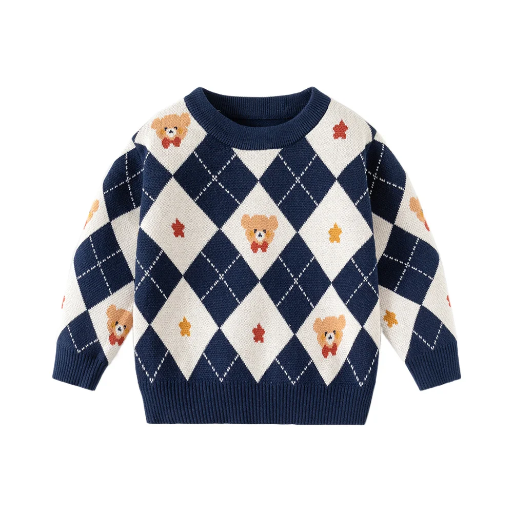 Kids' Collegiate Style Diamond Pattern Cartoon O-neck Sweater Spring Fall Casual Long Sleeve Knit Pullover for Boys (Ages 2-7)