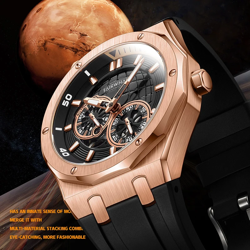 Earth Design Rose Gold Automatic Mechanical Wrist Watches Men Waterproof Skeleton Top Brand reloj