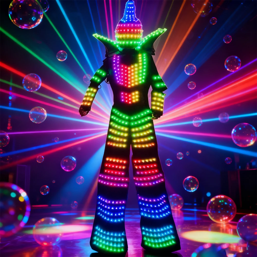 

LED Helmet Style Stilt Robot Costume Colorful Color Changing Full Body Party Festival Performance Stage Suit for Adults