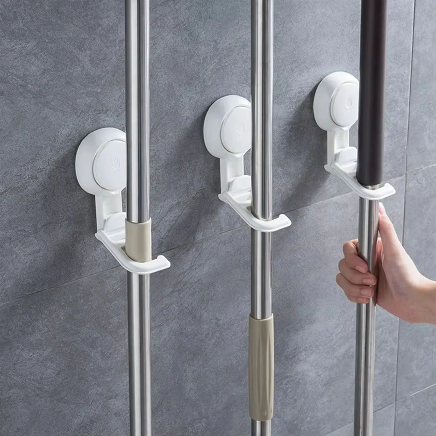 

Drill-free Removable Mop Hook Holder Broom Rack With Vacuum Suction Cup Bathroom Brush Holder Mop Organizer