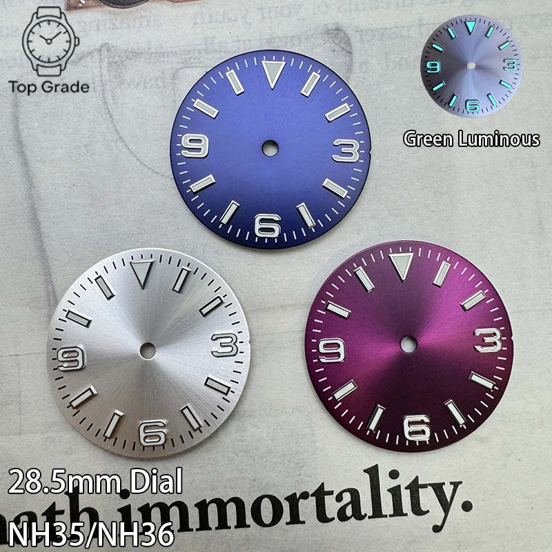 TG 28.5mm NH35 No Logo Dial Sunburst 3 6 9 Green Luminous Watch Dial High Quality Suitable for NH35/NH36 Automatic Movement