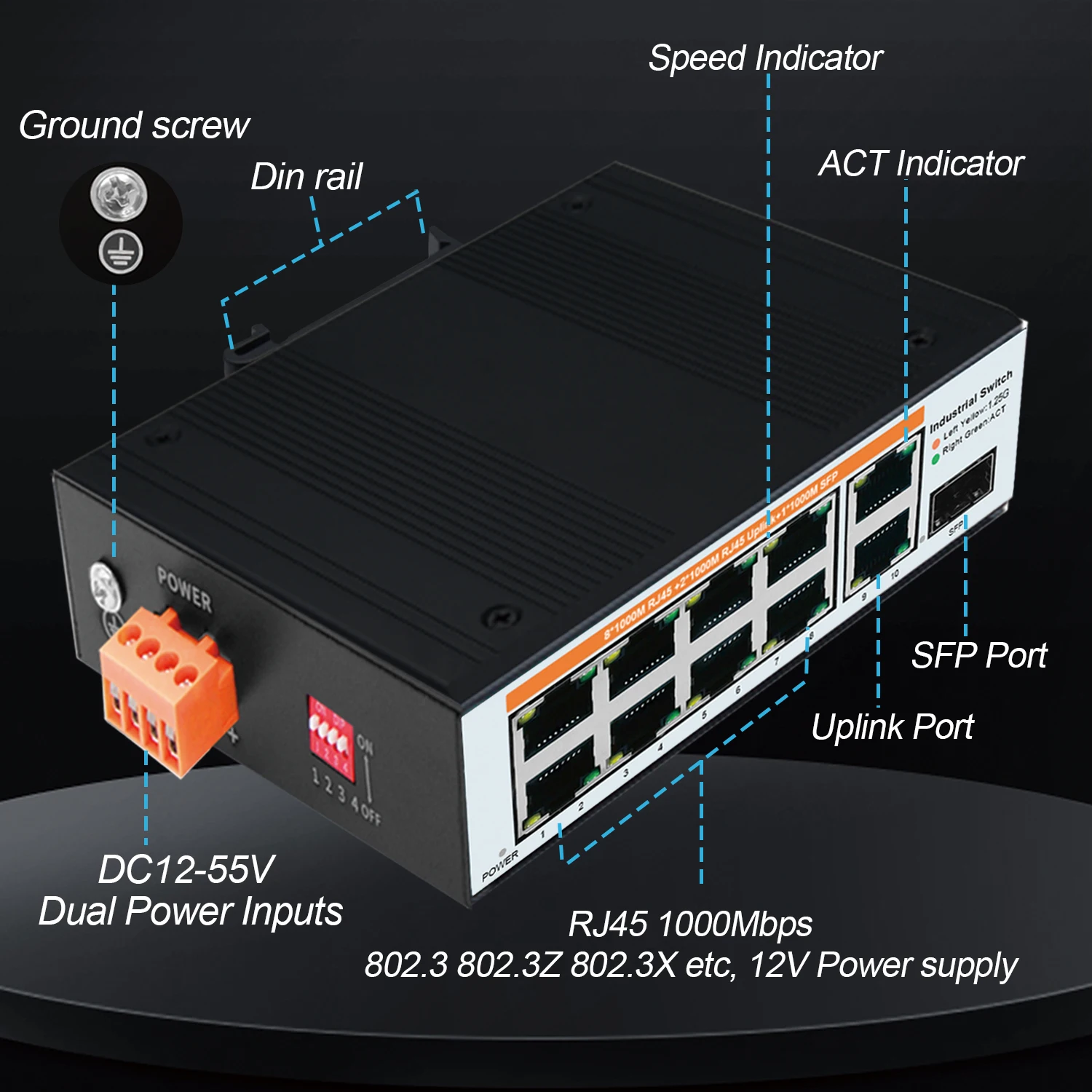 Imagem -03 - Interruptor Industrial do Ethernet do Gigabit Rede Exterior Comuta 10 Porto 1000mbps Ip40 40 a 80 °c Metal do Trilho do Ruído o