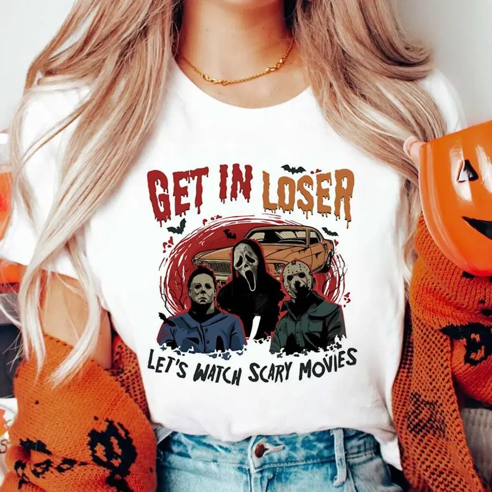 Trendy Cartoon Pattern Get In Loser Let Watch Scary Movies Women's Short Sleeved O-Neck Summer Casual Top Halloween Fun T-Shirt.