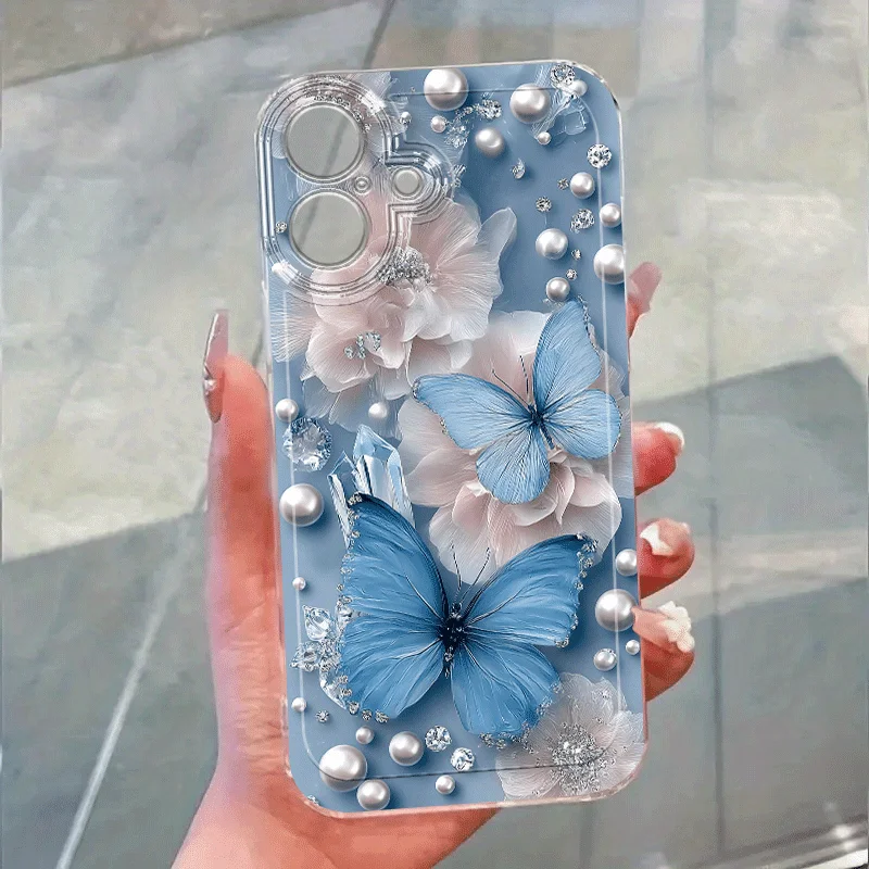 

White flower and blue butterfly phone case, suitable for iPhone 17/16/15/14/13/12/11 Pro Max soft shell back cover
