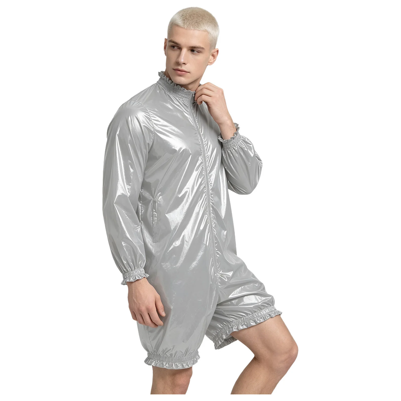 Herren Wasserdichter Vinyl-Bodysuit Badeanzug Langarm Vorderer Reißverschluss Kurze Hose Leotard Overall Gerüschter Windelüberzug Einteiler – Detail 4