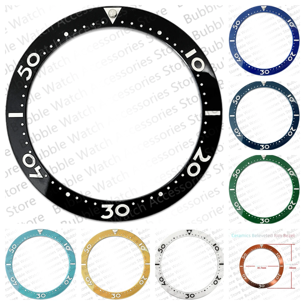 

38mmx30.7mm Black Blue Green 10-50 Ceramics Bezel Insert Fit For skx rlx Men's Mechanical Watch