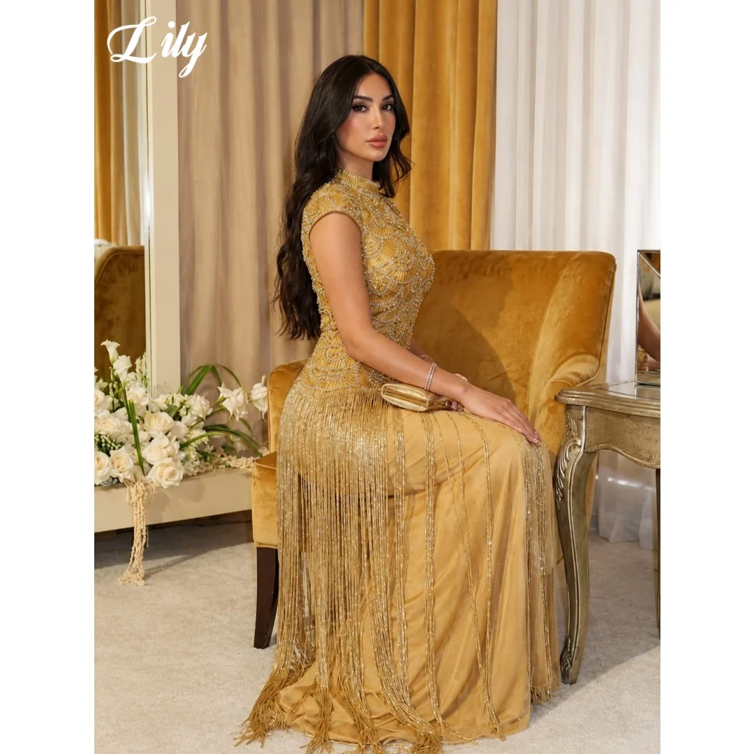 Lily Luxury Beaded Tassel Prom Dress Golden High Neck Evening Gown With Handmade Rhinestone Beaded Fringe Party Dress Customized image 2