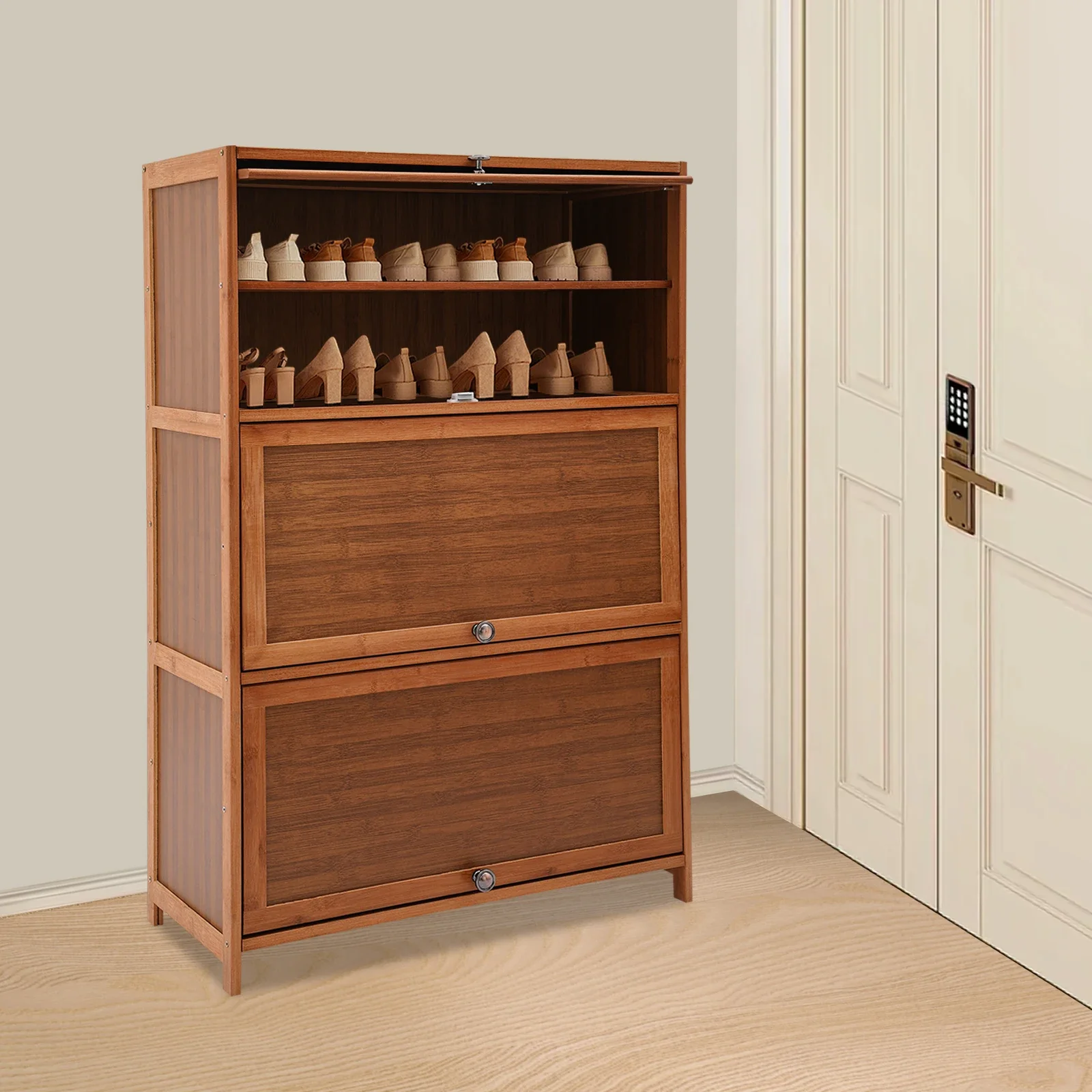 

7-Tier Shoe Cabinet Rack with Bamboo Flip Doors - Modern Free Standing Shoe Storage Organizer - Brown Floor Standing Shoe Shelf