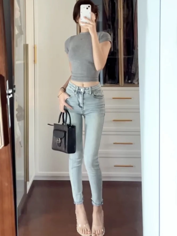 

Slim High Waist Light Blue Skinny Jeans Women's Autumn New Korean Sle Nine Points Small Size Tight Elastic Faionable