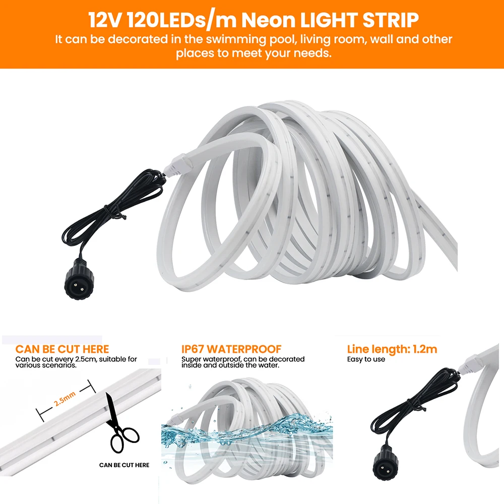 Solar Neon LED Strip DC 12V High Bright 120 LEDs/m Flexible Ribbon Rope Light for Home Kitchen Cabinet 0.5m 1m 2m 3m 4m 5m