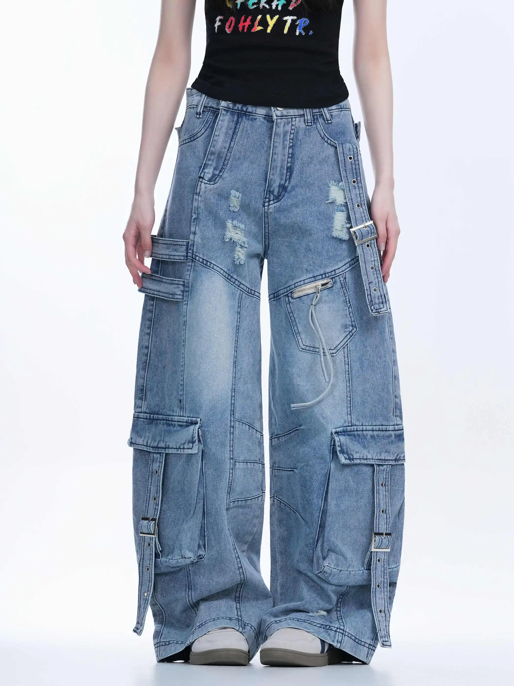 

American High Street Multi Pocket Workwear Jeans, Women'S Spring And Autumn Irregular Design, Wide Leg Floor Pants