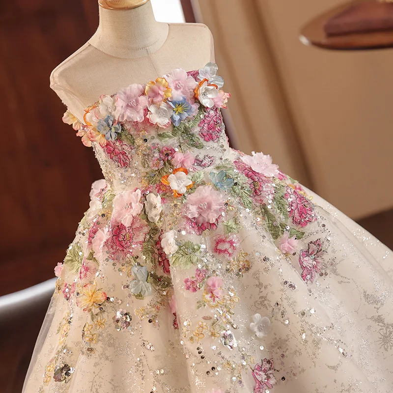 Floral Flower Girl Dress Lace Flowers Sleeveless Princess Toddler Kids Wedding 1st Birthday Pageant Party Gown image 3