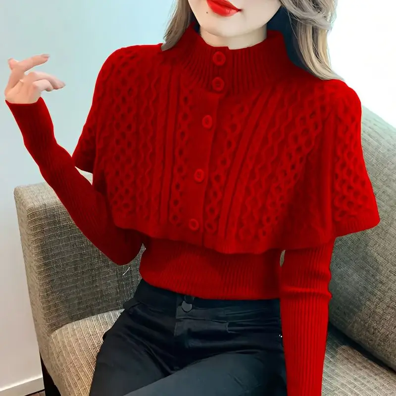 Temperament Sweet Women\'s Clothing Office Lady Simplicity Elegant Vintage Fashion Slim Solid Color Buttons Patchwork Sweaters