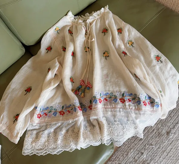 

Женские тонкие рубашки из 100% рами, 118 см по обхвату груди, весна-лето, корейская мода, элегантные свободные роскошные блузки с вышивкой и кружевными вставками