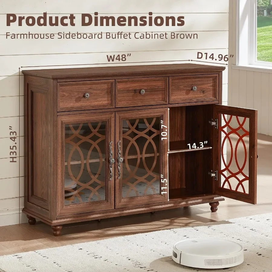 Farmhouse sideboard buffet cabinet for dining room and living room, solid wood construction, brown finish, 48-inch large creden view 2
