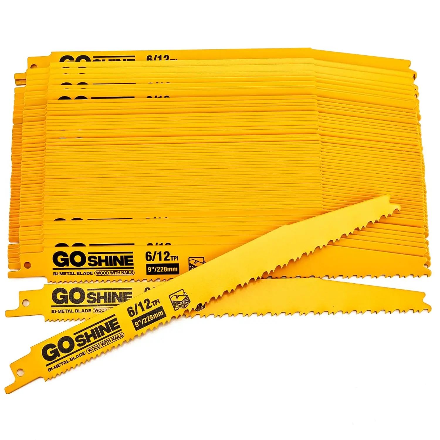 

50 Pack 9 Inch 6/12 TPI Bi-Metal Reciprocating Saw Blades for Wood with Nails, Metal, PVC, Pallets, with Storage Box