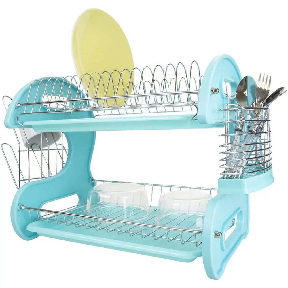 

2 Tier Dish Drainer, by (Turquoise) Dish Rack or Kitchen Counter, with Cutlery Holder and Cup Slots