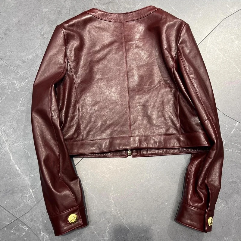 شيك النبيذ الأحمر المرأة معاطف السترة الجلدية الحقيقية موضة شارع العليا الإناث س الرقبة سستة كم طويل جلد الغنم سترات قصيرة القمم