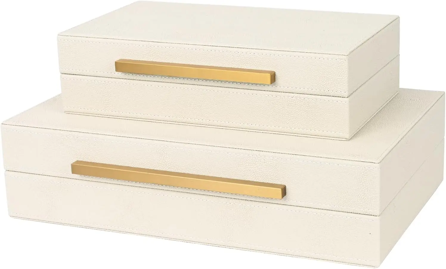 

Beige Shagreen Decorative Storage Boxes – Set of 2 Faux Leather Jewelry & Memory Boxes with Gold Metal Handles, Nesting