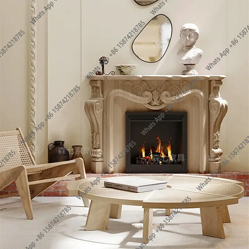Solid wood fireplace cabinet European carved fireplace decoration background wall Entrance cabinet Home simulation fire heating