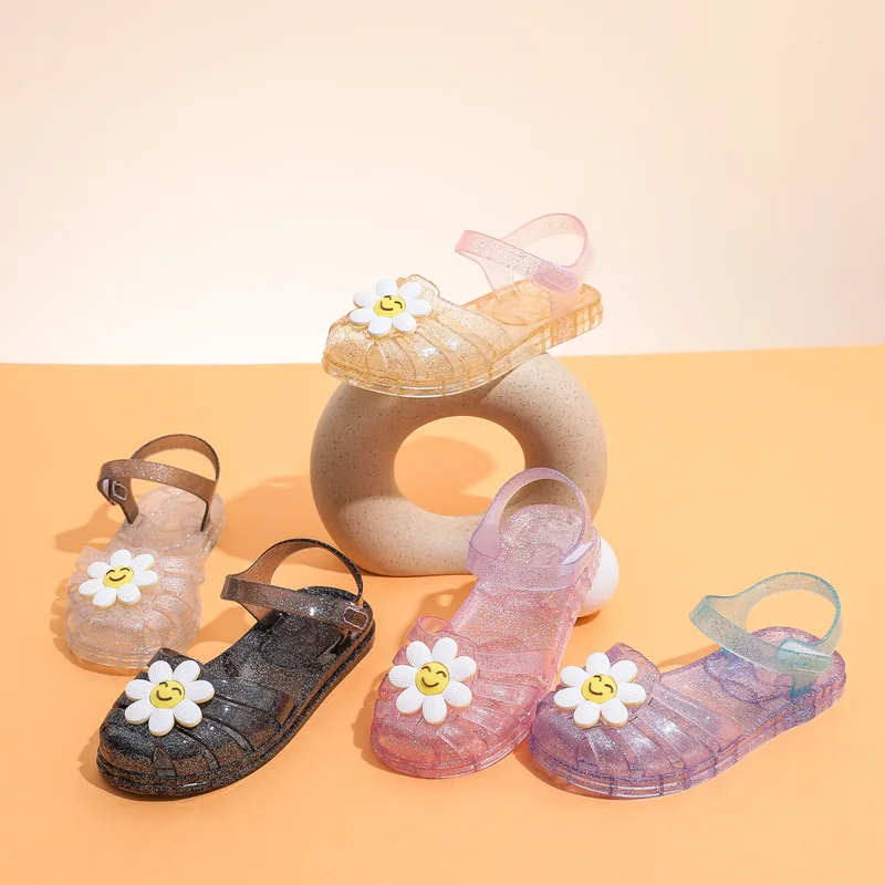 Summer Kids Smiling Face Crystal Jelly Princess Sandals Children Flower Soft Non-Slip Beach Shoes Girls Hollow Water Sandals