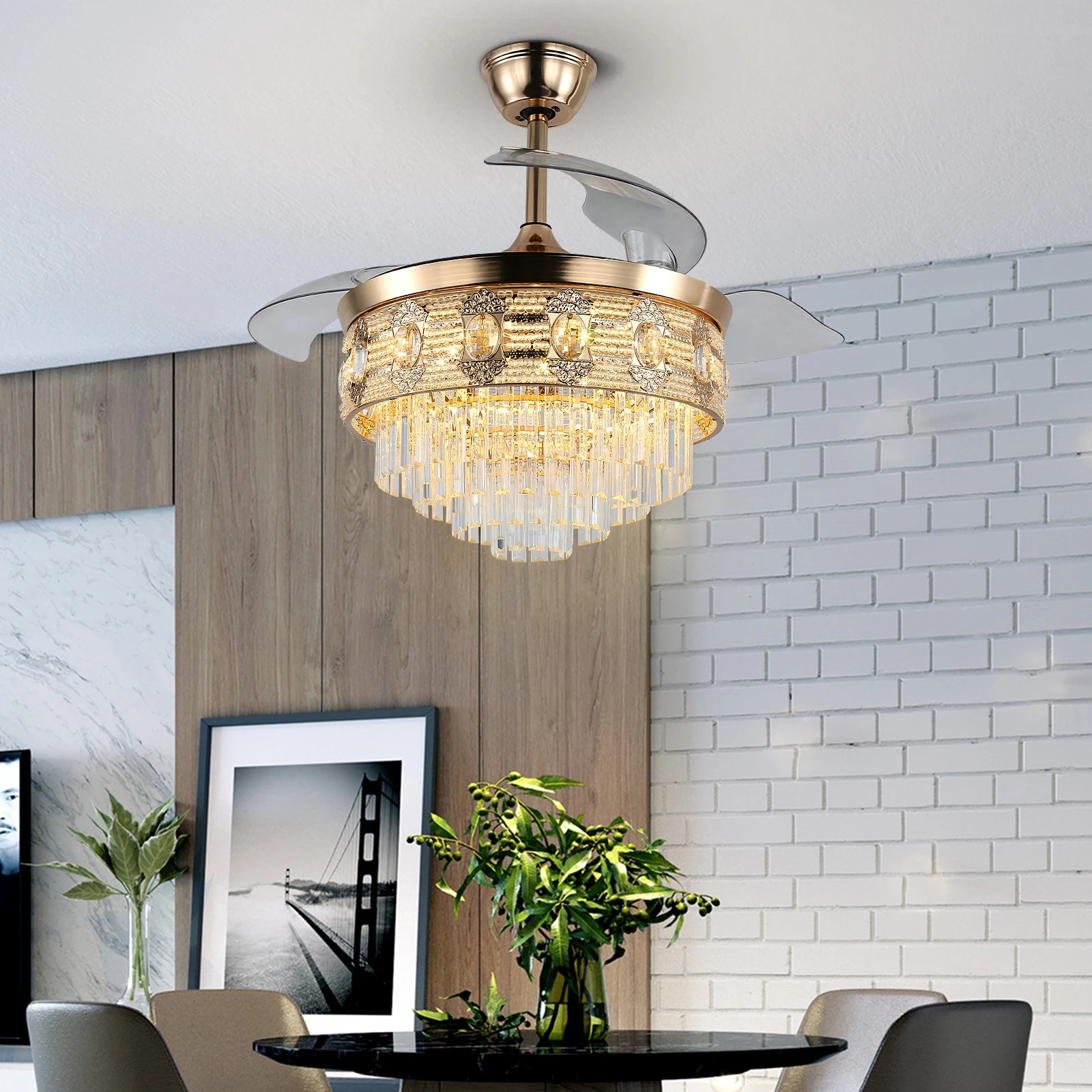 Modern Smart Ceiling Fan Chandelier Gold RC Adjustable 6 Speed Pendant Light Luminaire Bedroom 3 Heads Led Fandelier Lamp Indoor
