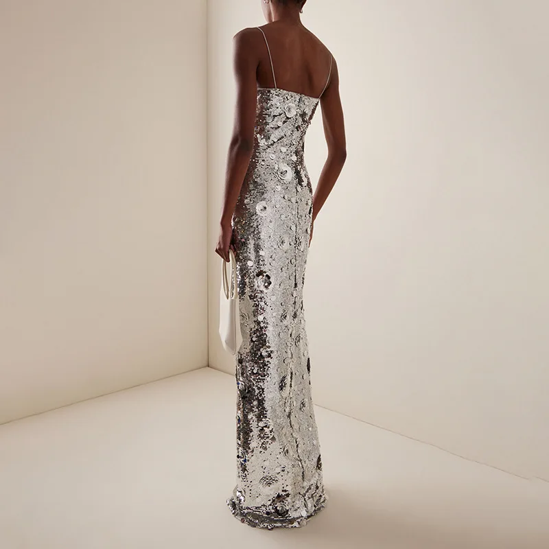 HKSH 夏の新しい女性の高級トレンディなドレススパンコールストラップノースリーブ背中の開いたセクシーなエレガントなファッションパンクスタイルロングドレス HK9043