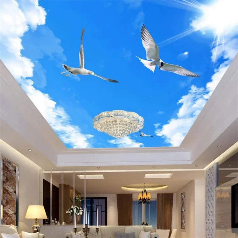 

﻿Custom Wallpaper 3d Blue Sky White Cloud Flying Bird Ceiling Zenith Murals Living Room Hotel beautiful flower butterfly mural