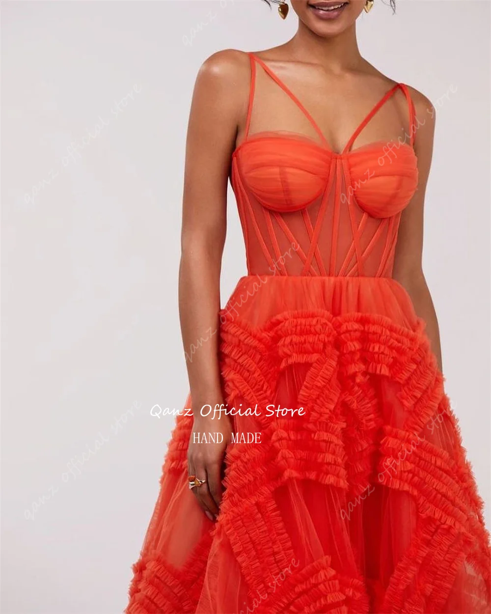 Qanz Luxury Tulle Evening Dresses Spaghetti Straps Ruffles Tiered Abendkleider Luxus 2024 Corset Back Party Dress Customized