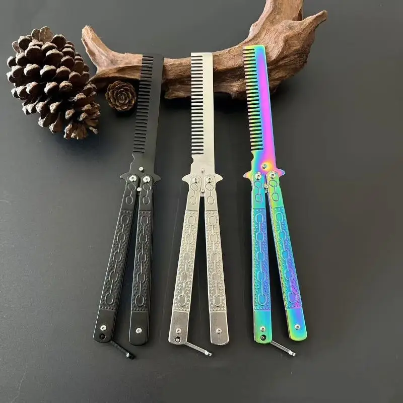 1 Stück Edelstahl Übungs-Schmetterlingsmesser-Kamm Bart- und Schnurrbartbürste Friseursalon-Styling-Werkzeug Faltbarer Kamm – Detail 6