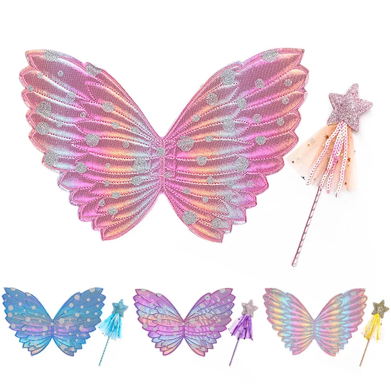 Girls Gradient Rainbow Butterflay Wings witn Fairy Magic Wand Toddler Kids Photography Props Baby Pink Cute Dress Up Accessories