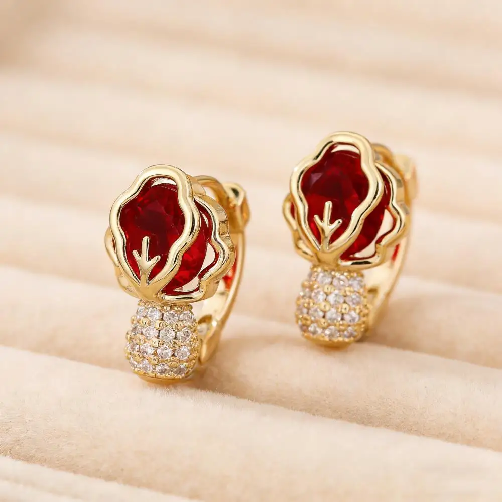 Stacking Red Zircon Cabbage Hoop Earrings For Women Gold Color Female Ear Buckle Wedding Party Jewelry Mother Plot Gifts
