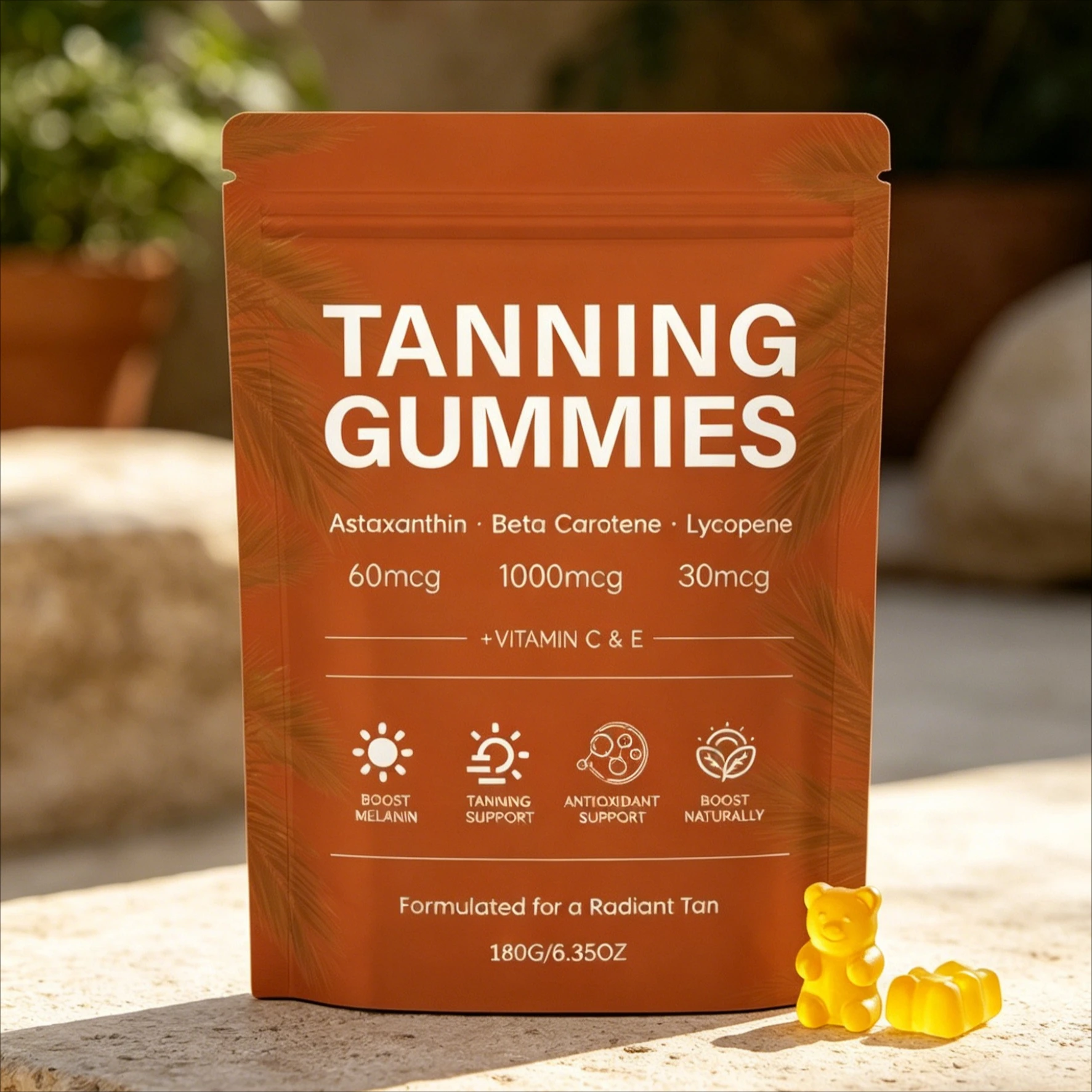 Melanin Tanning Gummies, Astaxanthin Lycopene Beta Carotene Vitamins C & E, 60-count, Antioxidant Support, Outdoor Activities