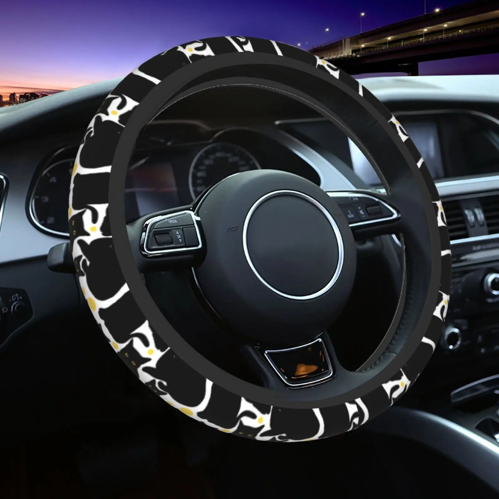 Interesting Black Cat Pattern Car Steering Wheel Cover Breathable Car Covers Suite Fashion Steering Cover for 14.5-15Inches