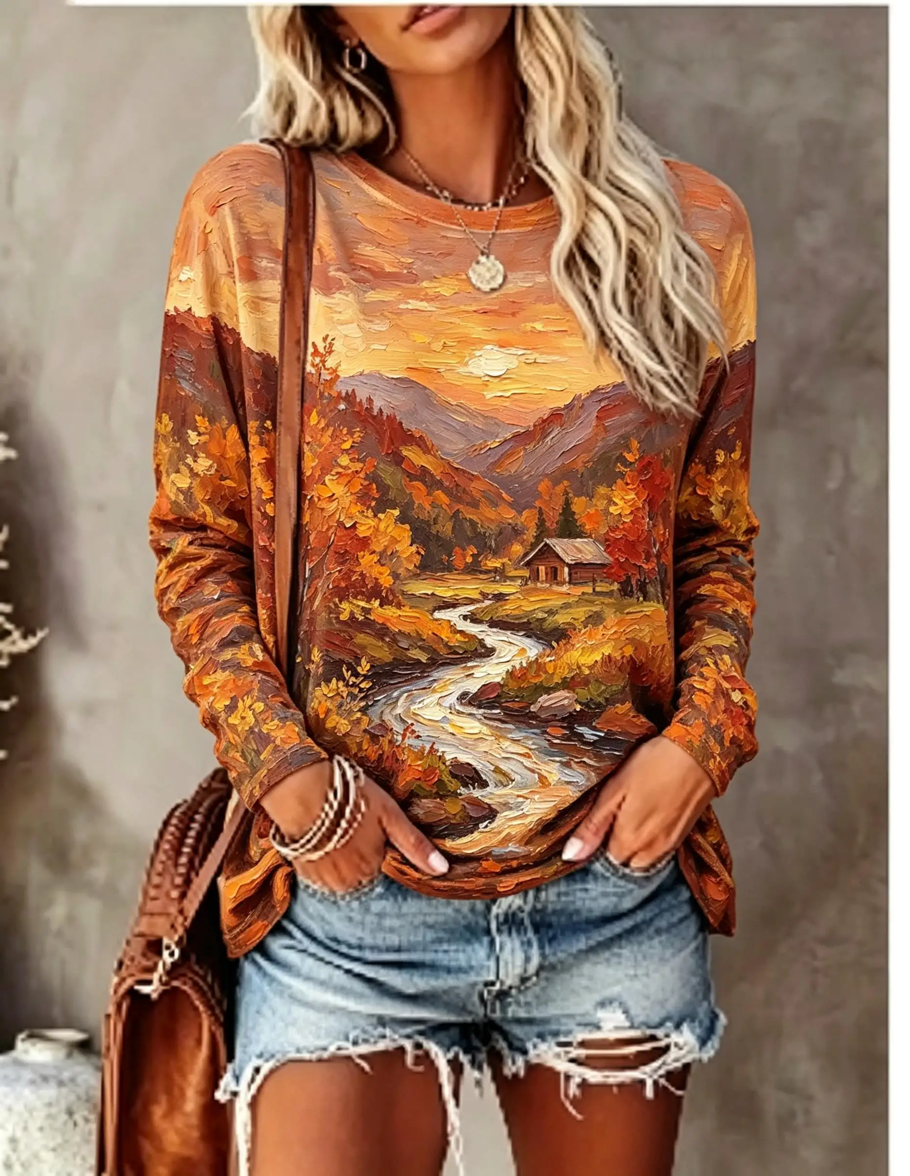 Women Long Sleeve T‑Shirt Oil Painting Mountain Forest Lake Landscape Print Crew Neck Casual Tops