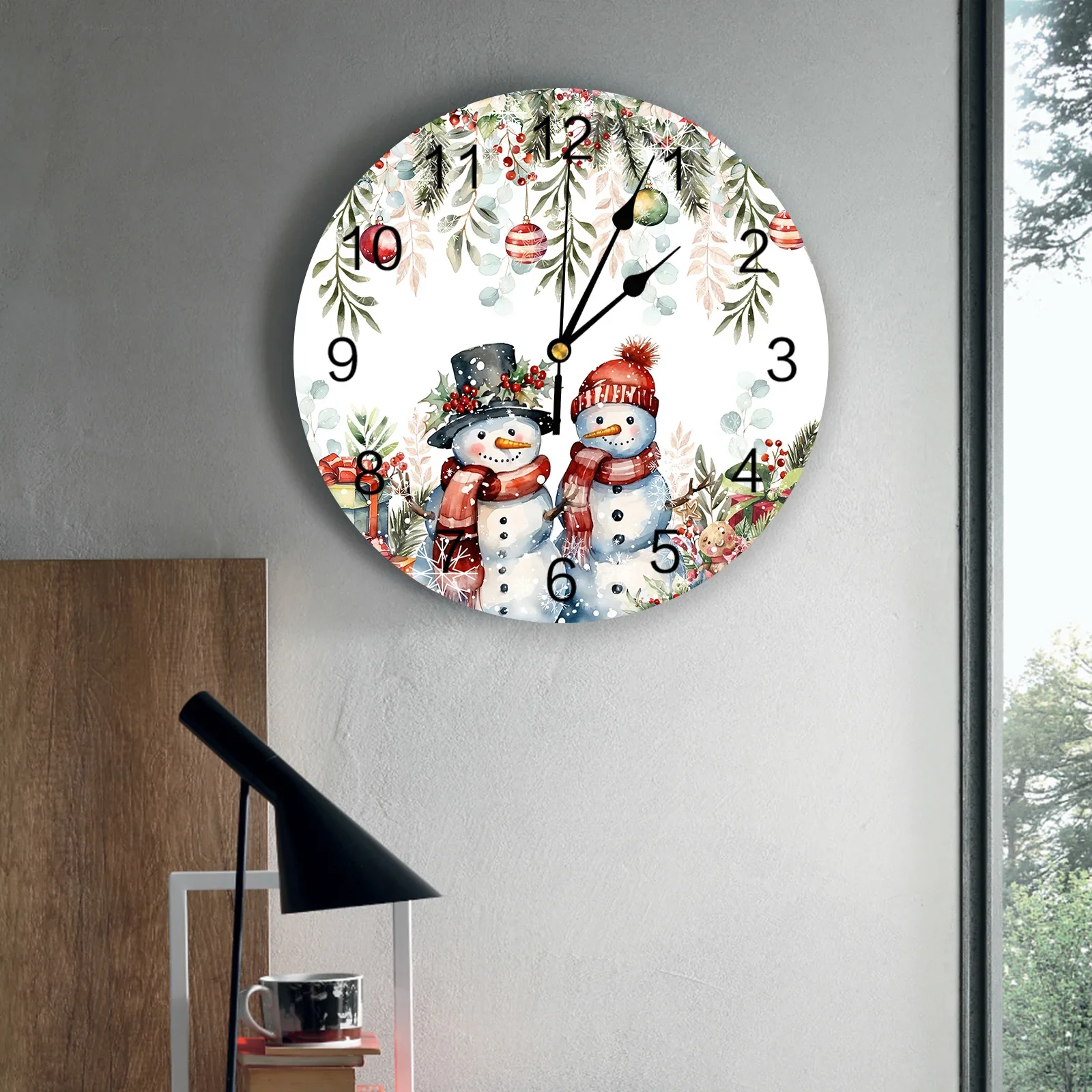 Christmas Poinsettia Ball Fir Leaves Snowman Wall Clocks Silent Living Room Decoration Round Clock Home Bedroom Decor Clocks