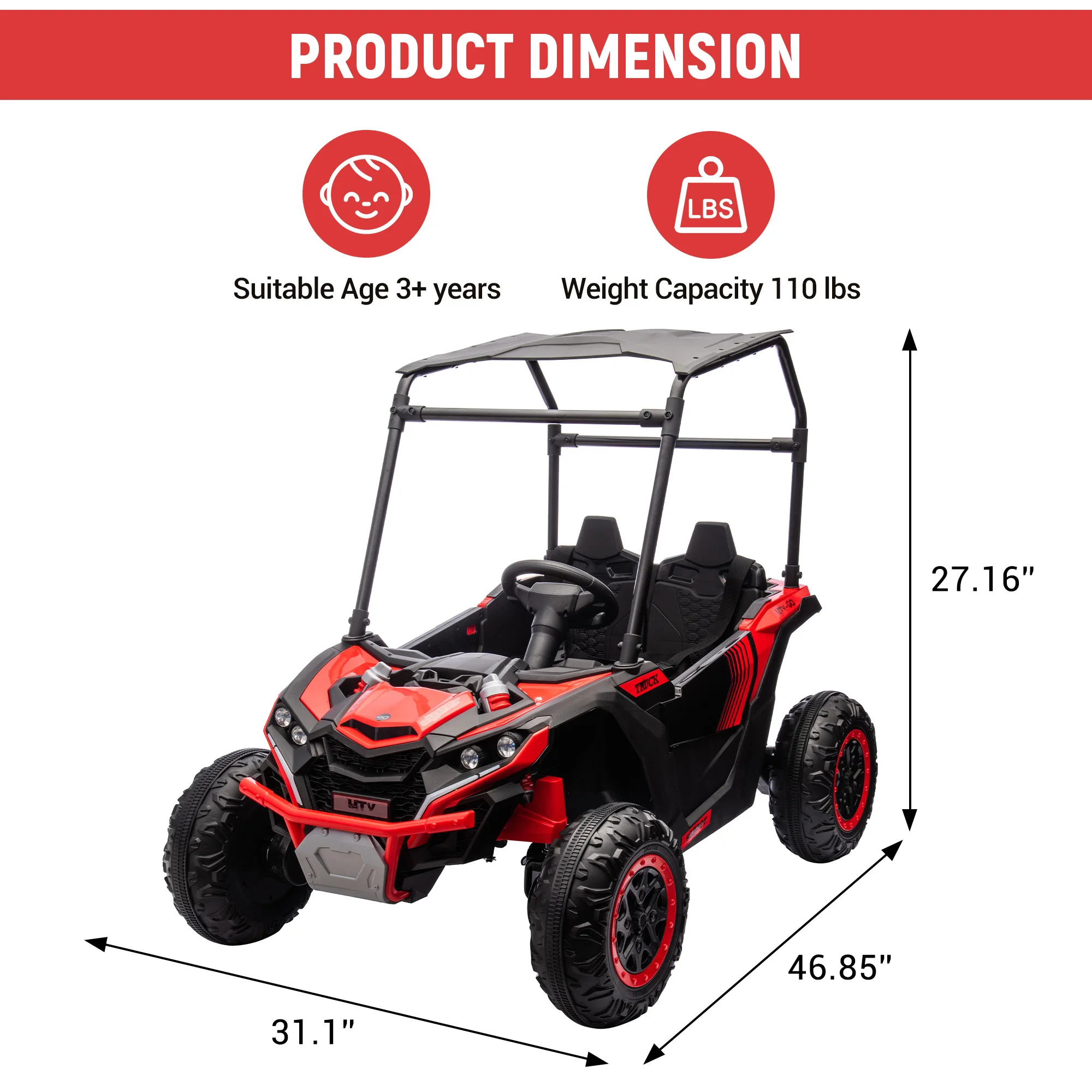 24V 2-Seater Kids Ride-On UTV, 4WD Electric Off-Road Truck, Sun Shade Canopy, Parent 2.4G Remote, 4 Motors, 3 Speeds, Up to 3 MPH, 66 lb Max Load