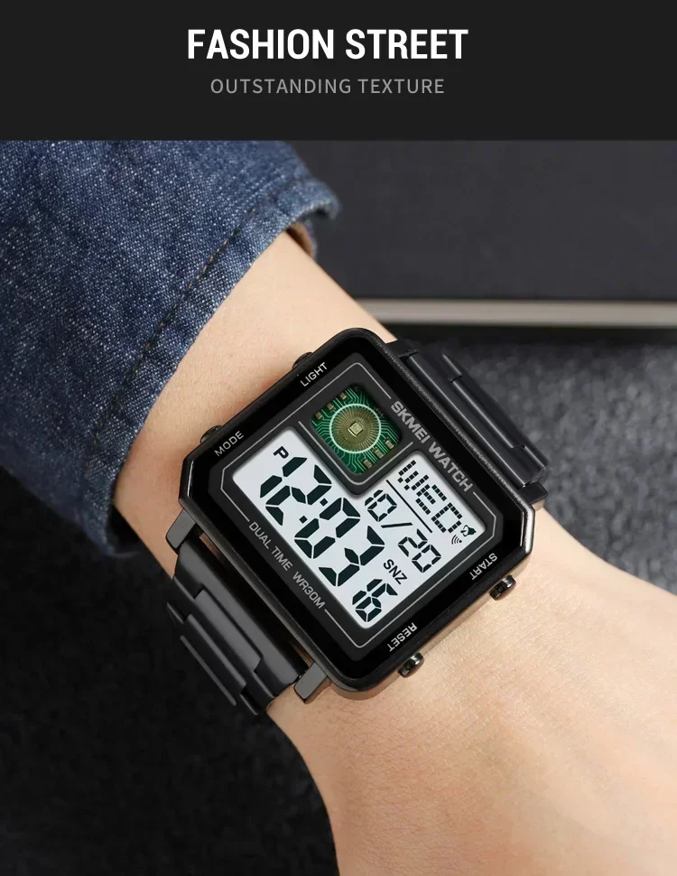 SKMEI 2033 LED Luminous Leisure Square Clock Rectangle Men\'s Watches Stainless Steel Digital Watch Waterproof